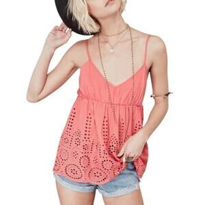 Lovestitch Coral Eyelet Esme V-Neck Smocked Scallop Spaghetti Cami Top Large NWT
